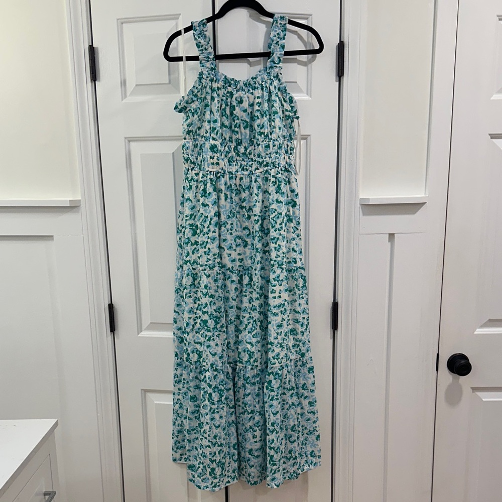 Spotted Floral Maxi Dress in Green, Blue and White
